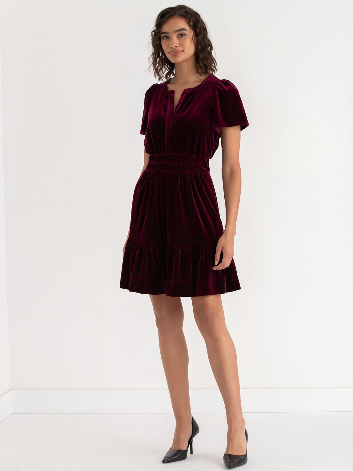 Tiered Flutter Sleeve Velvet Dress | Rickis