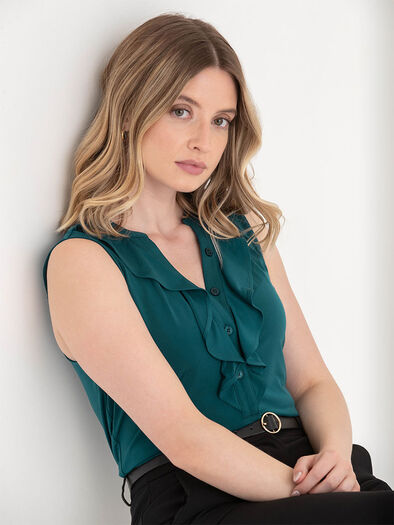 Sleeveless Ruffle Henley Top, Salute Sleeveless Ruffle Henley Top, Salute