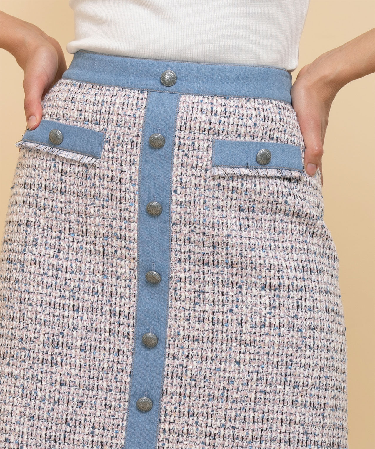 Tweed Mini Skirt with Denim Trim Rickis