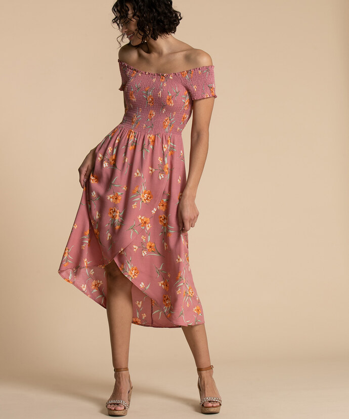 Smocked Off-Shoulder Asymmetrical Dress Image 1