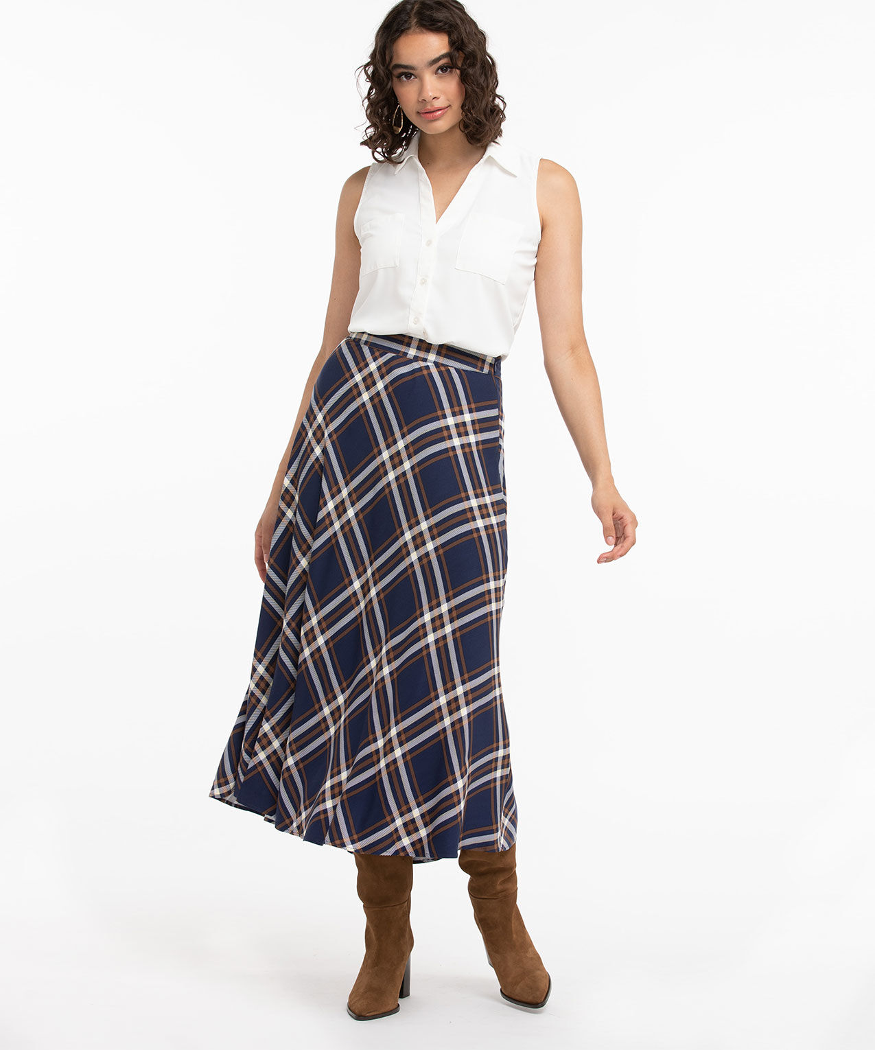 Khaki plaid store midi skirt