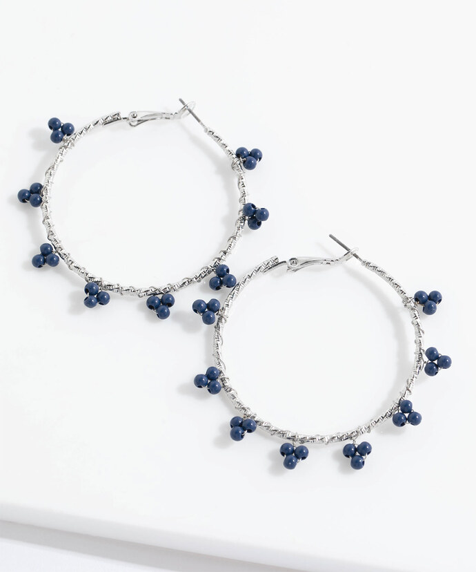 Silver Hoop Earrings with Flower Beads Image 1