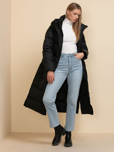 Devon Full-Length Puff Coat with Removable Hood, Black