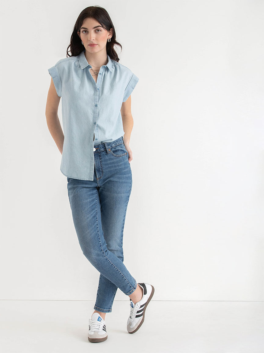 Relaxed Fit Button Up Denim Blouse Ricki s Size L Light Wash Colour