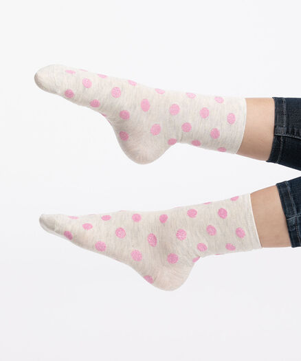 Sparkly Pink Polka Dot Socks, Cream/Grey/Pink