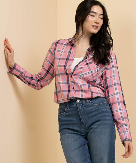 Long Sleeved Shirt with One Pocket, Pink Plaid