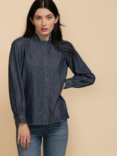 Ruffle Collared Denim Blouse, Dark Wash Ruffle Collared Denim Blouse, Dark Wash