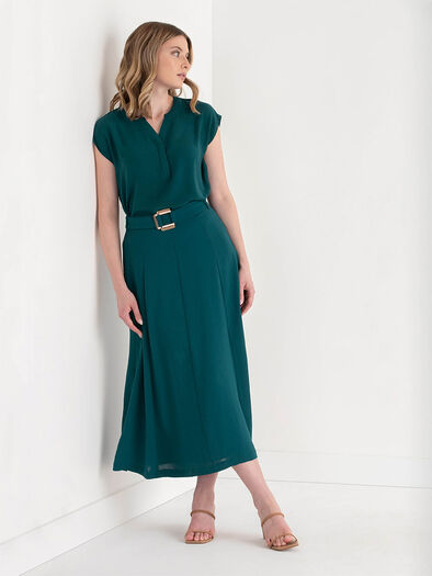 A-Line Textured Midi Skirt with Buckle, Deep Teal A-Line Textured Midi Skirt with Buckle, Deep Teal