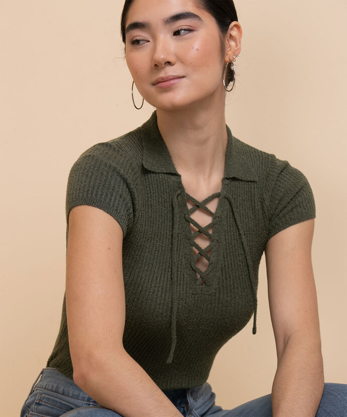 Lace-Up Henley Sweater Image 3
