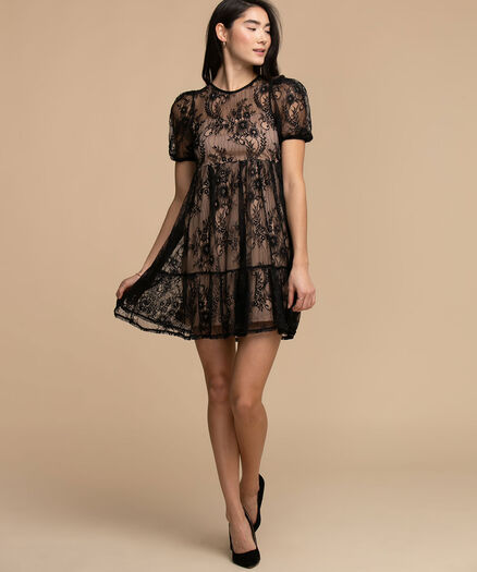 Tash + Sophie Puff Sleeve Lace Overlay Dress, Nude Tash + Sophie Puff Sleeve Lace Overlay Dress, Nude