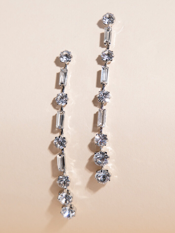 Silver Drop Earrings with Round + Square Crystals Image 4