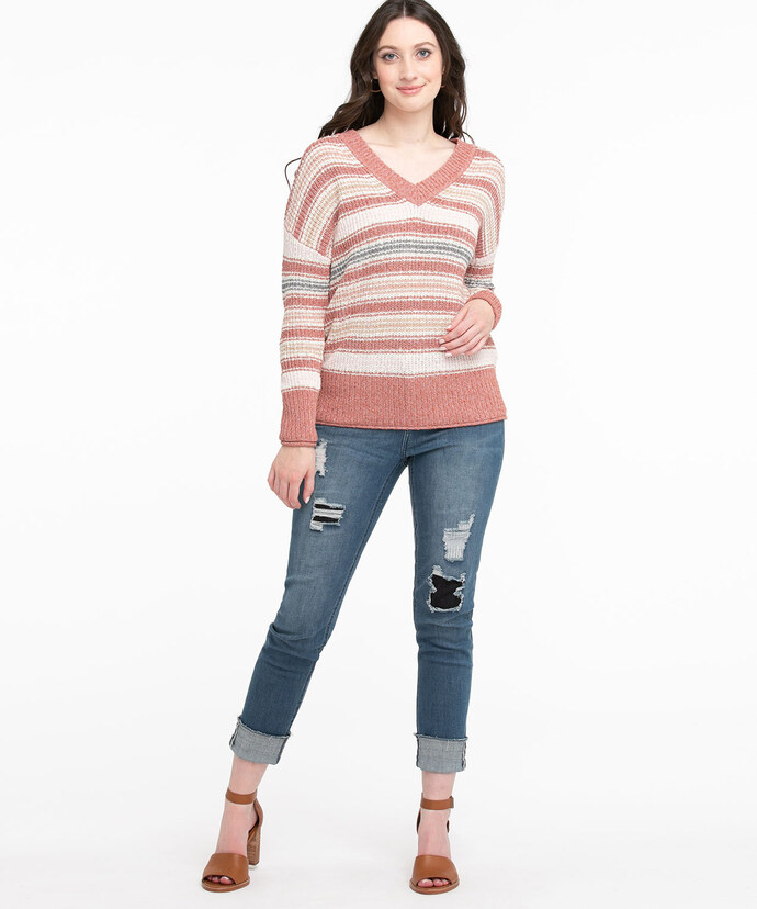V-Neck Striped Knit Sweater Image 2