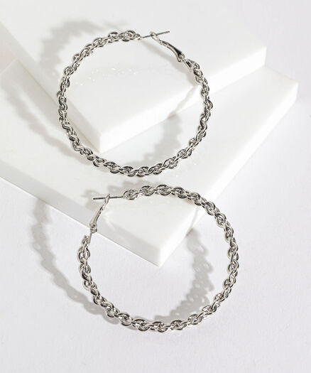 Large Twisted Chain Link Hoop Earrings, Silver