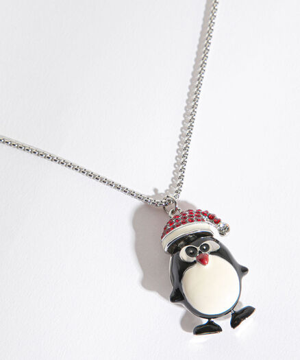Penguin Pendant Necklace, Silver/Red