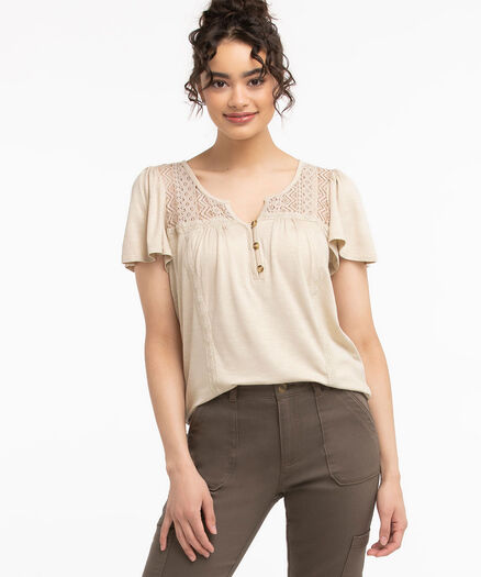 Lace Detail Flutter Sleeve Top, Oatmeal