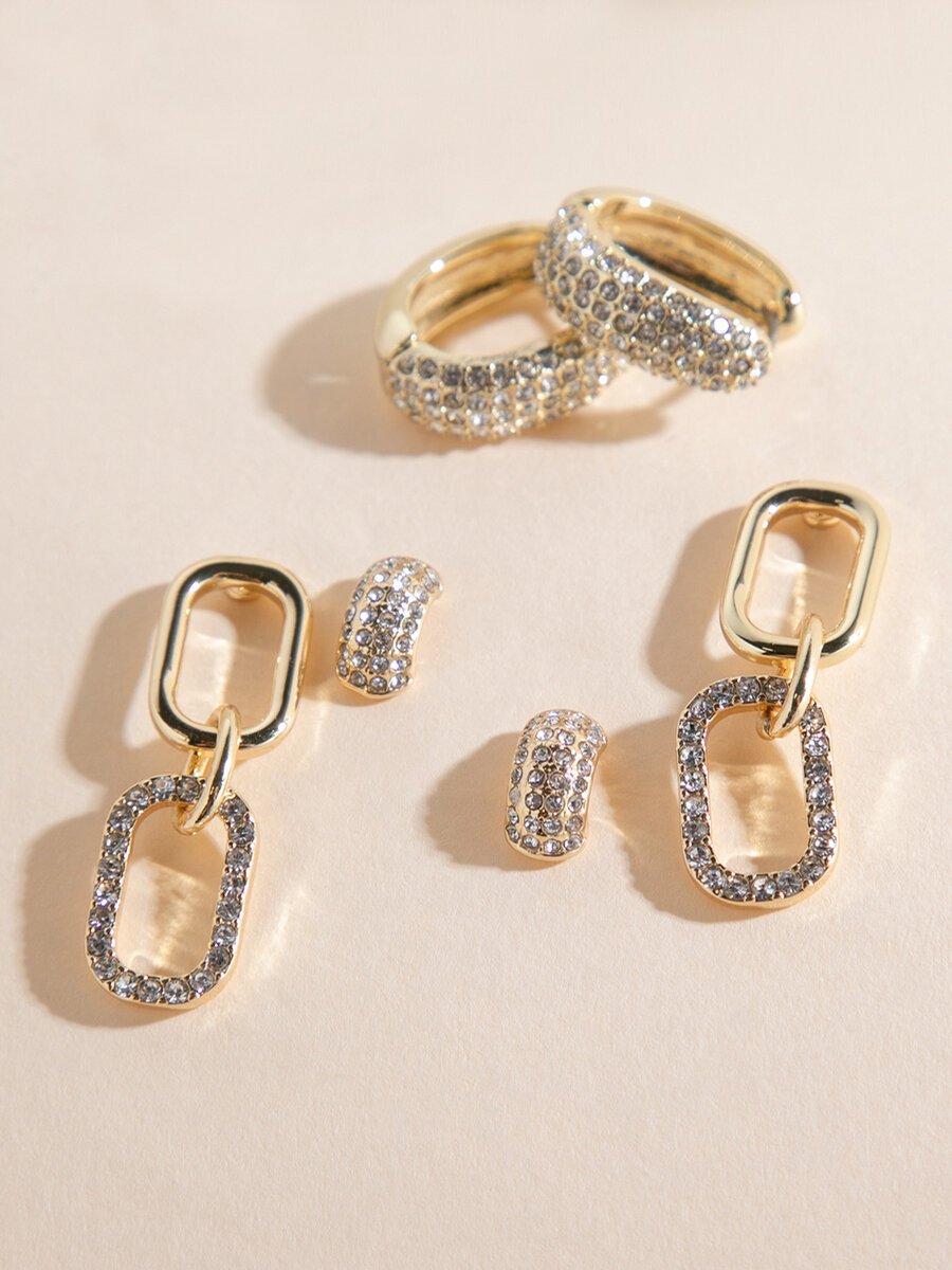 Gold Pave Paperclip + Hoop + Stud Earring Set