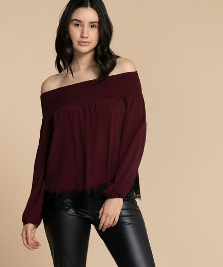 Off The Shoulder Top by Luxology, Wine