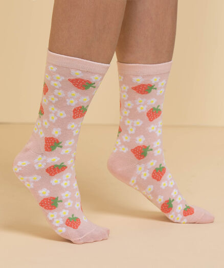Strawberries & Daisies Print Socks, Pink