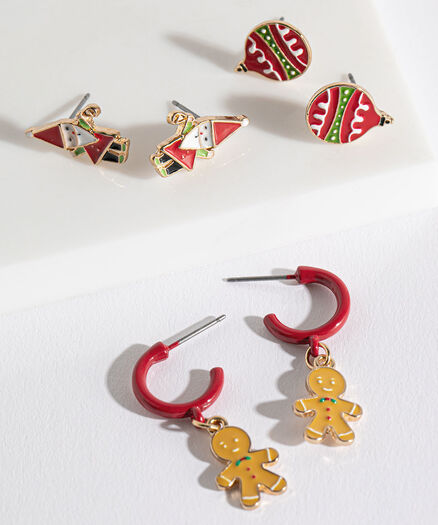Santa, Ornament & Gingerbread Earring Trio, Gold/Red