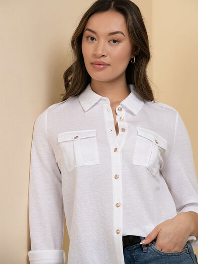 Preppy Utility Pocket Shirt, White Preppy Utility Pocket Shirt, White