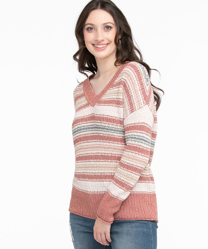 V-Neck Striped Knit Sweater Image 1