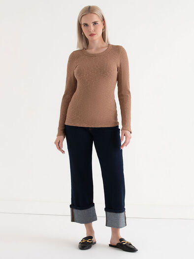 Rib Knit Crew Neck Top, Toasted Coconut Rib Knit Crew Neck Top, Toasted Coconut