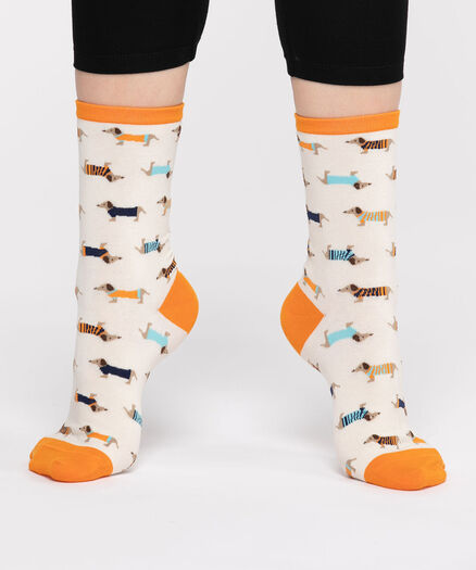 Scattered Little Dog Socks, Ivory/Orange
