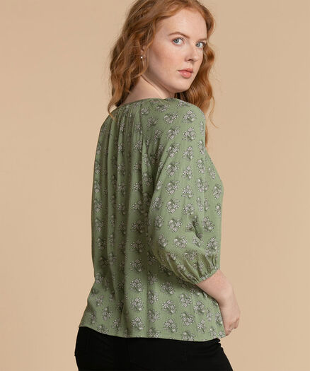 3/4 Sleeve Button-Front Boho Blouse, Green/ Floral Pattern