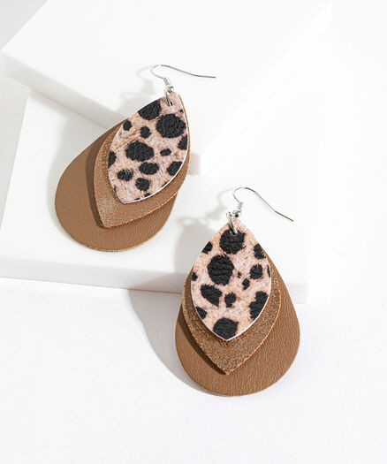 Layered Leather Drop Earring, Brown