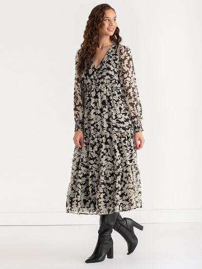 Long Sleeve Maxi Boho Dress, Festive Print w/Gold Long Sleeve Maxi Boho Dress, Festive Print w/Gold