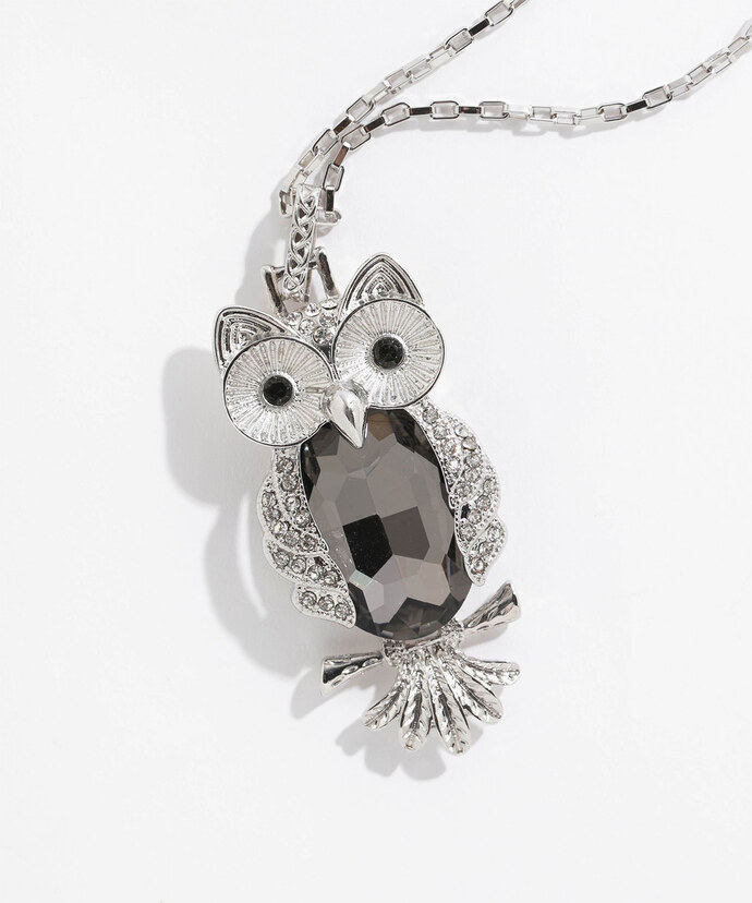 Long Silver Gemmed Owl Necklace Image 1
