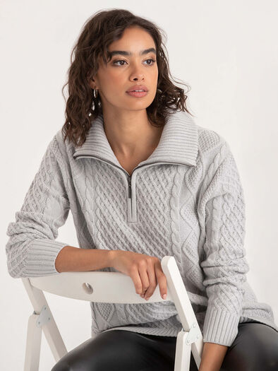 Quarter Zip Cable Pullover , Light Heather Grey Quarter Zip Cable Pullover , Light Heather Grey