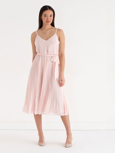 V-Neck Pleated Skirt Midi Dress, Barely Pink V-Neck Pleated Skirt Midi Dress, Barely Pink