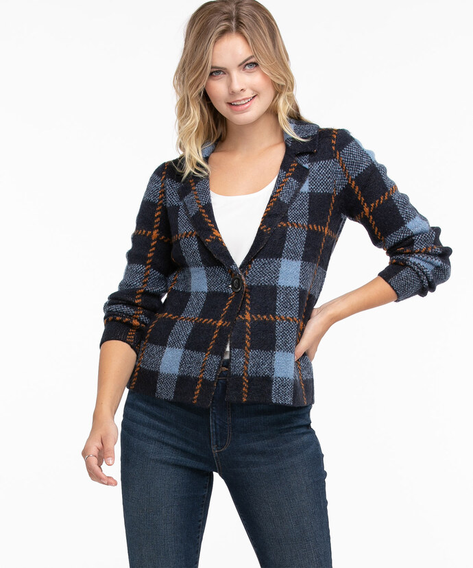 One-Button Plaid Sweater Jacket Image 2