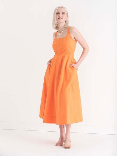 Fit and Flare Dress in Luxe Poplin, Tangerine Fit and Flare Dress in Luxe Poplin, Tangerine