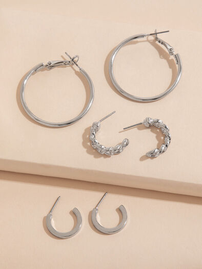 3-Pack of S/M/L Silver Hoop Earrings, Silver