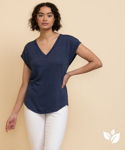 Extended V-Neck Hacci Tee, Peacoat