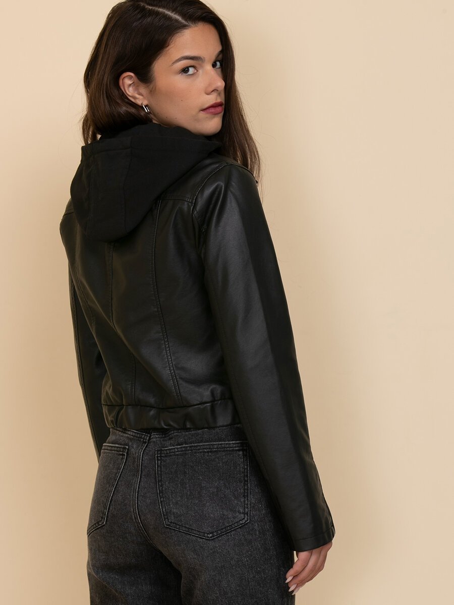 Faux Leather Jacket with Fleece Hood By Sebby Collection