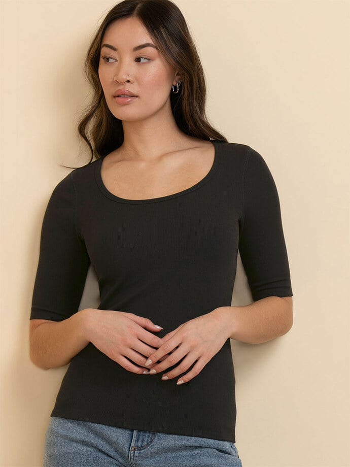 Ribbed Scoop Neck Top with Elbow Sleeves Image 4