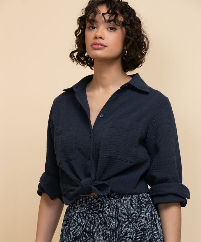Long Sleeve Button-Front Collared Blouse Image 1