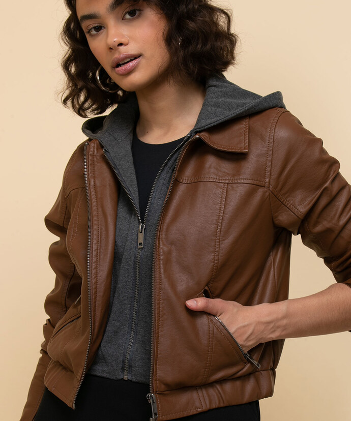 Faux Leather Jacket with Fleece Hood Image 4