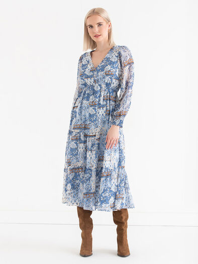 Long Sleeve Maxi Boho Dress, Blue/Paisley Print Long Sleeve Maxi Boho Dress, Blue/Paisley Print