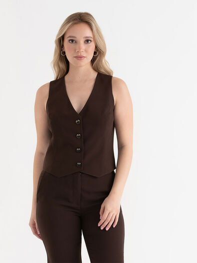 Button Up Fitted Vest, Coffee Bean Button Up Fitted Vest, Coffee Bean