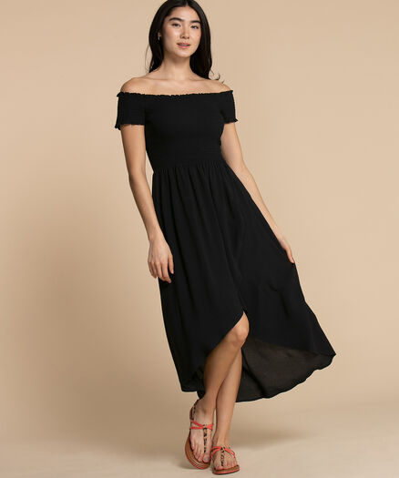 Smocked Off-Shoulder Asymmetrical Dress, Black Smocked Off-Shoulder Asymmetrical Dress, Black
