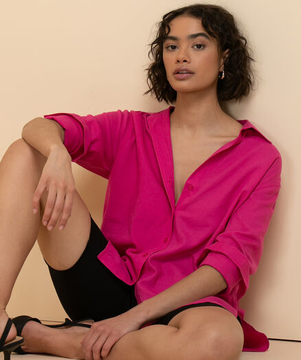 Oversized Linen Button-Front Shirt, Pink Yarrow