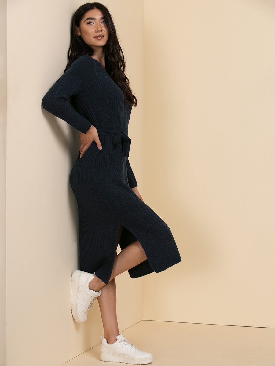 Belted Button-Front Sweater Dress 