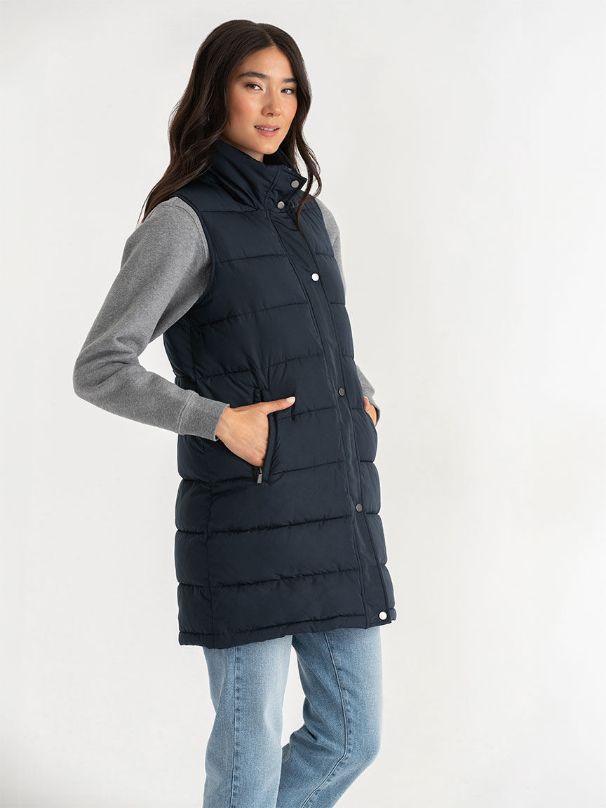Carlyn Long Puffer Vest with Detachable Hood Fur Trim Rickis