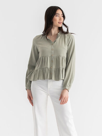 Tiered Linen Blouse, Sea Grass Tiered Linen Blouse, Sea Grass