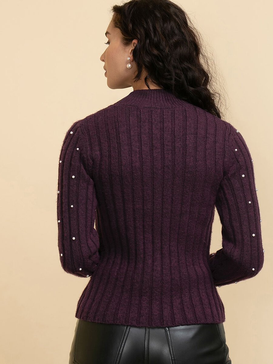 Wool-Blend Mock Neck Pearl Sweater