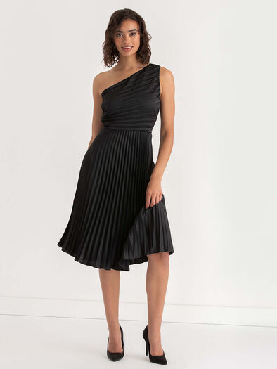 One Shoulder Pleated Dress, Black One Shoulder Pleated Dress, Black